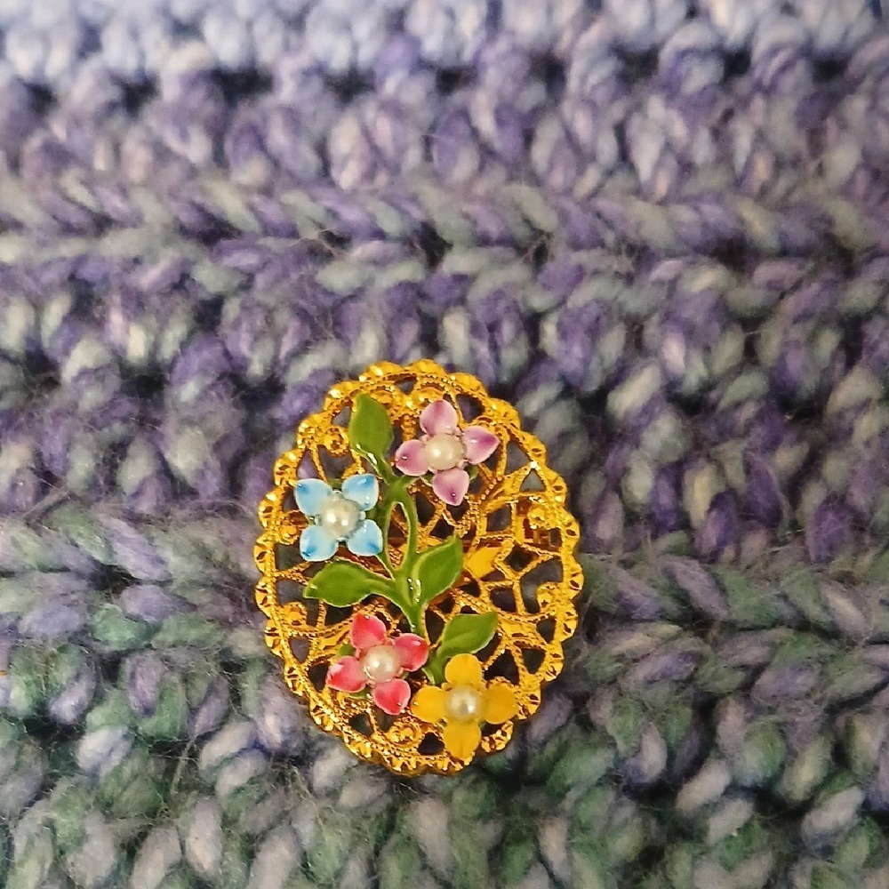 Gold Floral Brooch with Multicolor Blooms